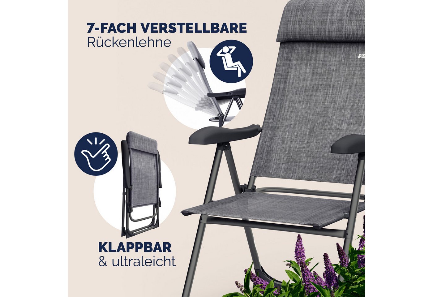 Casaria Gartenstuhl, Klappbar 4er Set 7-fach Verstellbar Alu mit hoher Rückenlehne – Bild 4 von 5