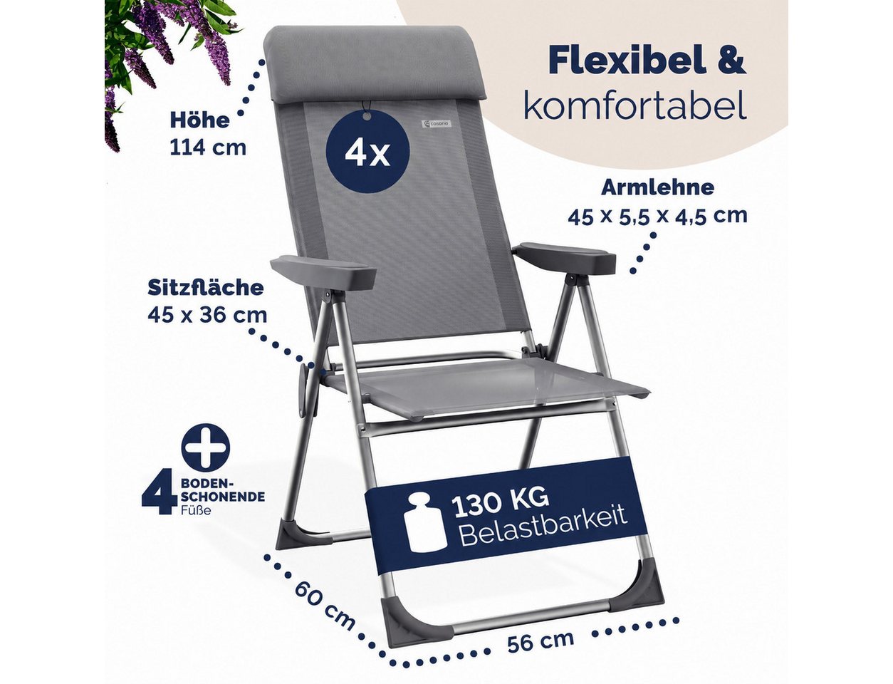 Casaria Gartenstuhl (4 St), Klappbar 4er Set 7-fach Verstellbar Alu mit hoher Rückenlehne – Bild 3 von 5