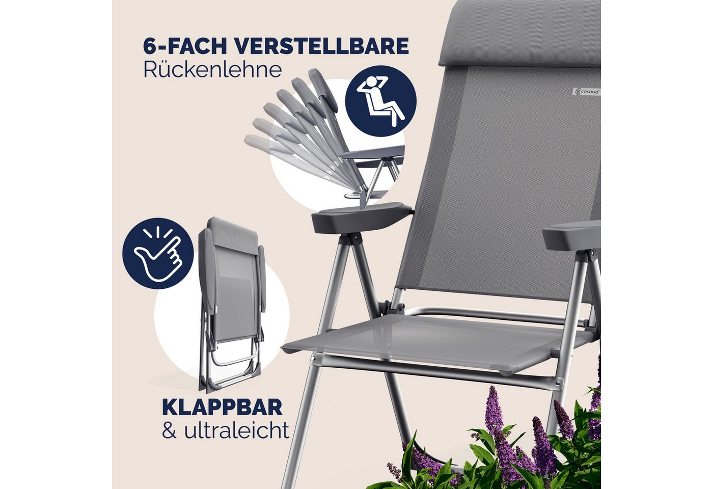 Casaria Gartenstuhl (4 St), Klappbar 4er Set 7-fach Verstellbar Alu mit hoher Rückenlehne – Bild 4 von 5