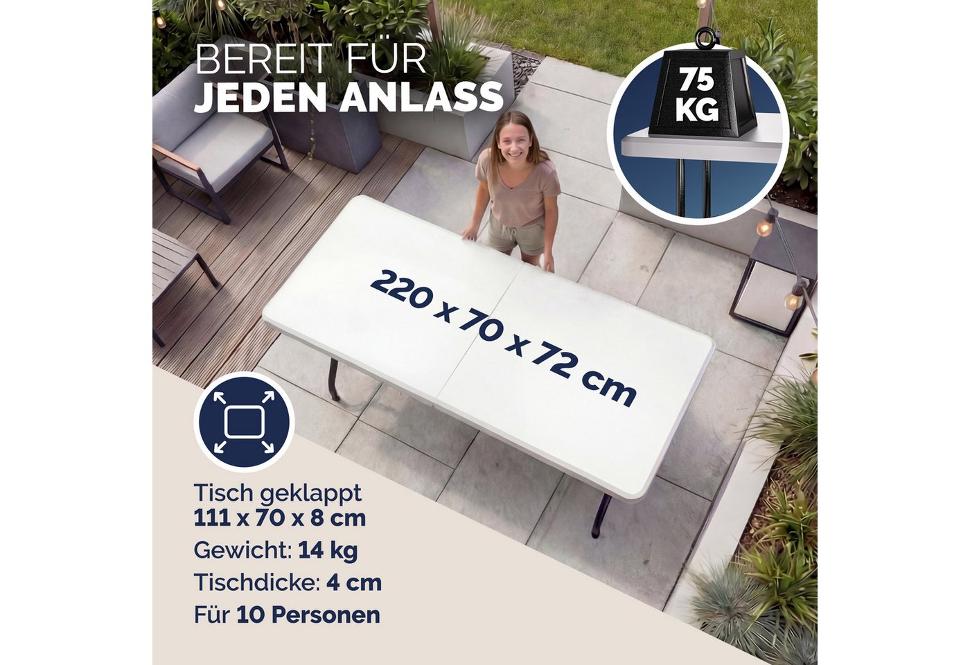 Casaria Gartentisch (1-St), 220 x 70 cm für 10 Personen klappbar Kunststoff Tragegriff wetterfest – Bild 3 von 5