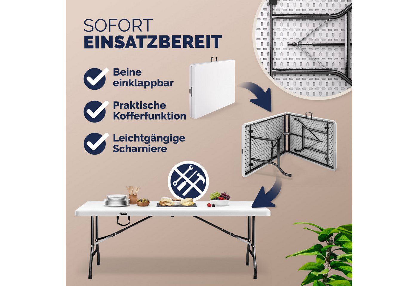 Casaria Gartentisch (1-St), 220 x 70 cm für 10 Personen klappbar Kunststoff Tragegriff wetterfest – Bild 5 von 5