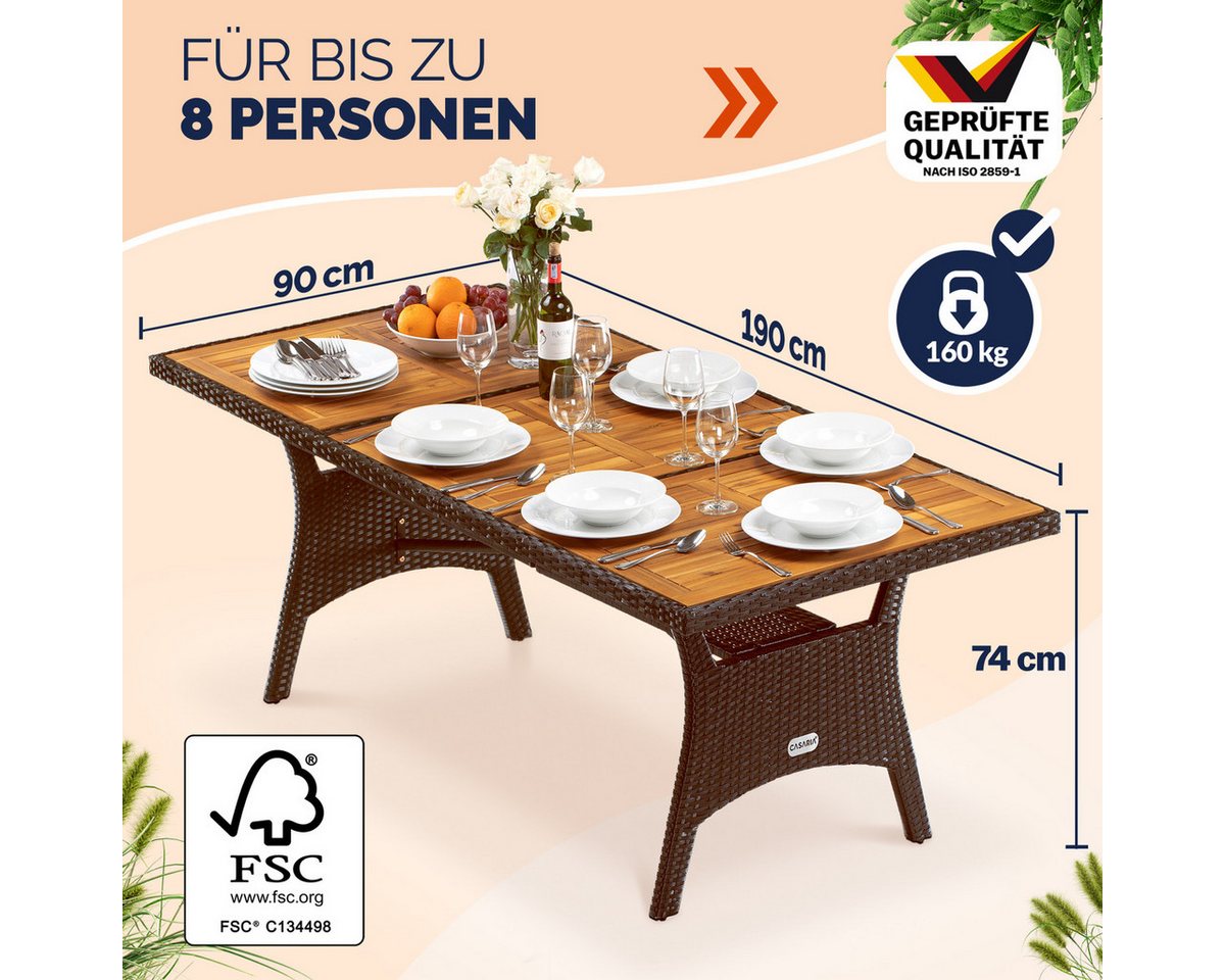 Casaria Gartentisch (1-St), Polyrattan mit Ablage FSC®- zertifiziertes Akazienholz 190x90cm – Bild 2 von 5