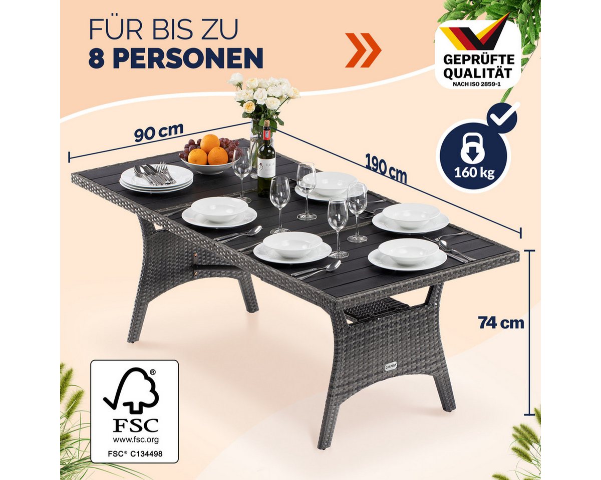 Casaria Gartentisch (1-St), Wetterfest 190x90x75cm WPC Tischplatte Polyrattan inkl. Ablage – Bild 2 von 5