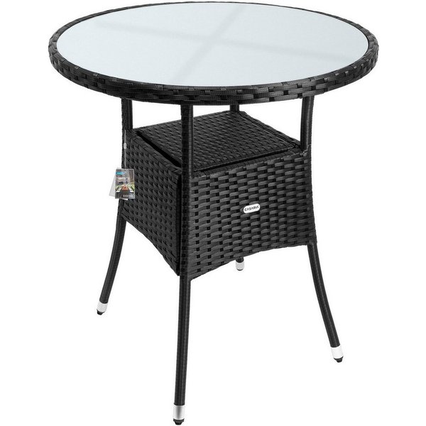 Casaria Gartentisch, Polyrattan Rund Glas Höhenverstellbar 80kg Belastbarkeit Wetterfest