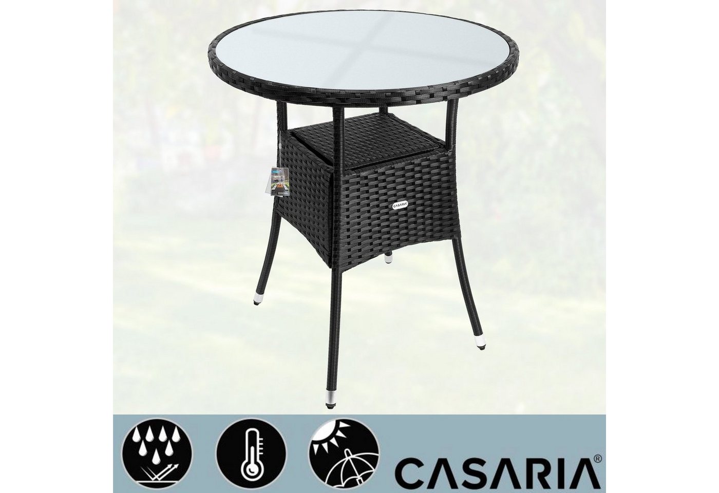 Casaria Gartentisch, Polyrattan Rund Glas Höhenverstellbar 80kg Belastbarkeit Wetterfest – Bild 2 von 5