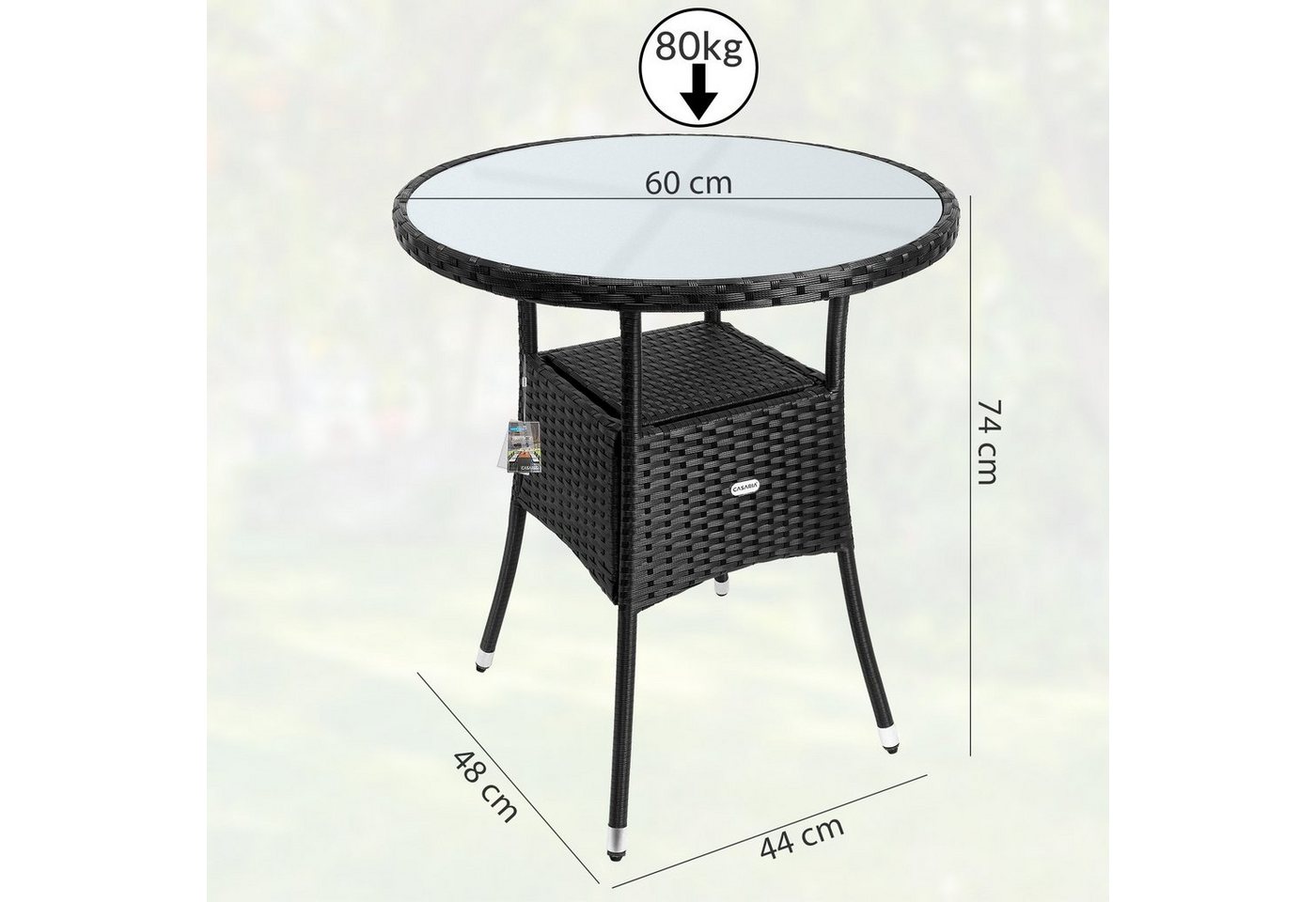 Casaria Gartentisch, Polyrattan Rund Glas Höhenverstellbar 80kg Belastbarkeit Wetterfest – Bild 3 von 5