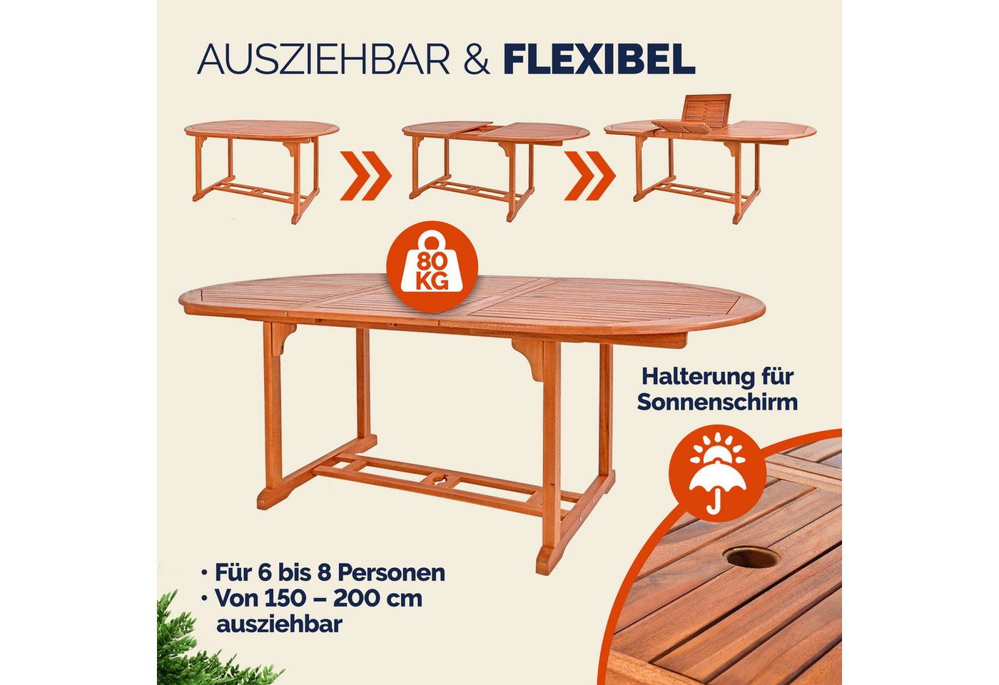 Casaria Gartentisch Vanamo, Wetterfest Klappbar Holz FSC®-zertifiziert 200cm 80kg Belastbarkeit – Bild 2 von 5