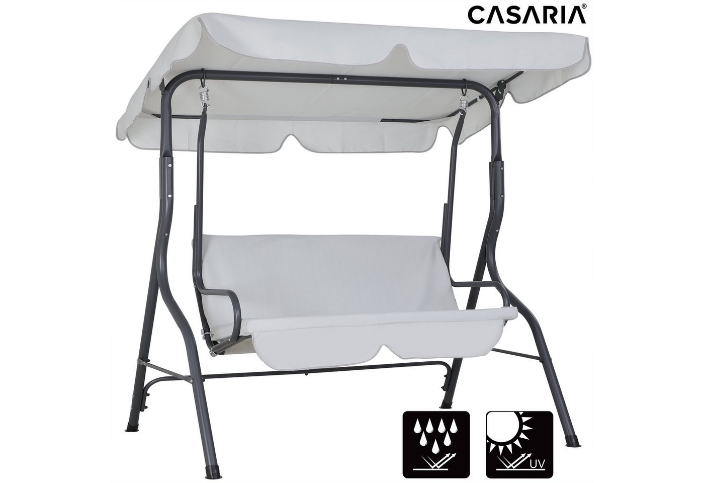 Casaria Hollywoodschaukel, 1 tlg., 2 Sitzer wetterfest Hellgrau 200kg Belastbar Rückenlehne Dach Garten – Bild 3 von 5