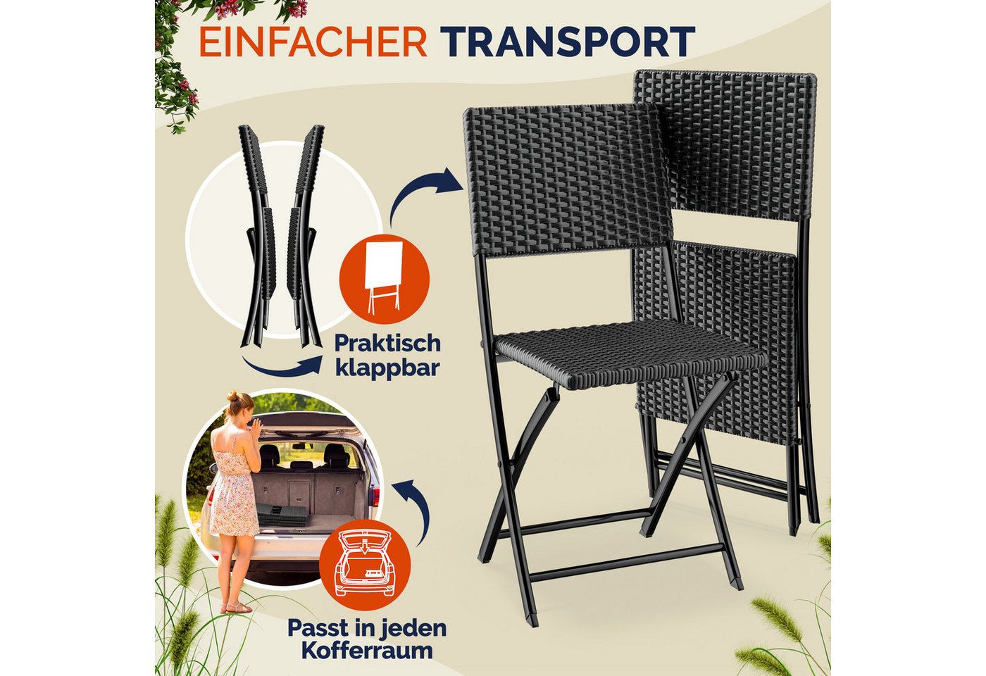 Casaria Klappstuhl Rom (2 St), Polyrattan 2er Set 120kg Belastbarkeit Platzsparend Klappbar Leicht – Bild 2 von 5