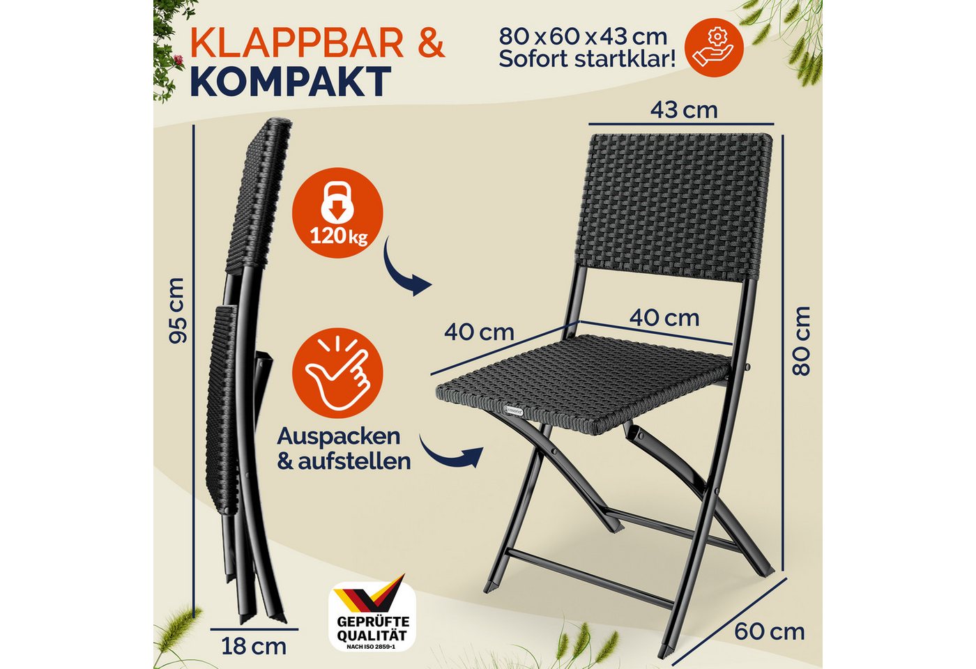 Casaria Klappstuhl Rom (2 St), Polyrattan 2er Set 120kg Belastbarkeit Platzsparend Klappbar Leicht – Bild 3 von 5