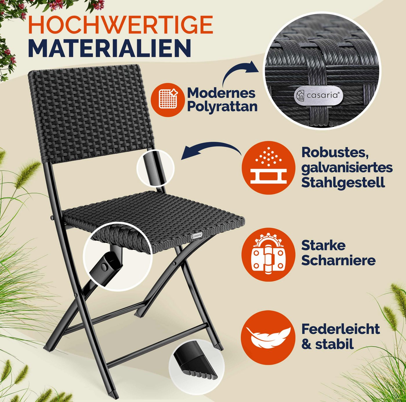 Casaria Klappstuhl Rom (2 St), Polyrattan 2er Set 120kg Belastbarkeit Platzsparend Klappbar Leicht – Bild 4 von 5