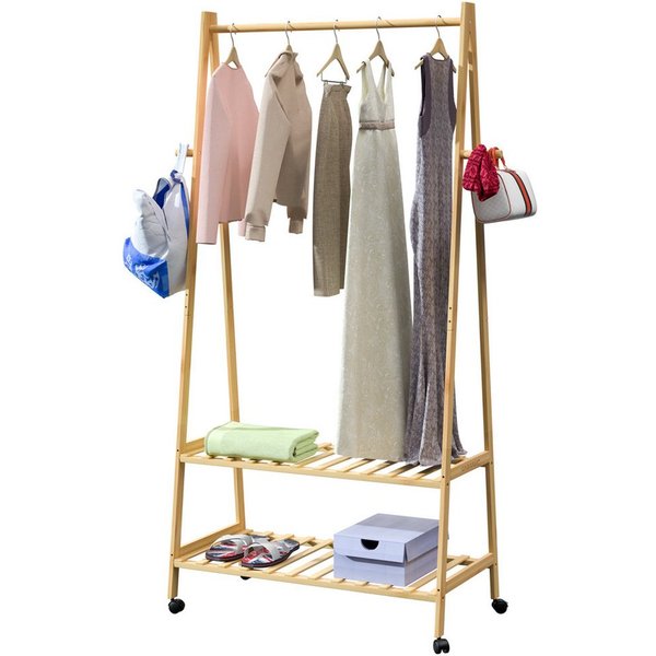 Casaria Kleiderständer, mit Rollen 2 Ablagen 4 Haken aus Bambus Holz 155x70cm Groß Stabil