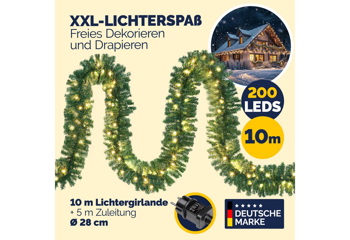 Kunstgirlande, Casaria, Höhe 28 cm, Weihnachtsgirlande 10m 200 LED Warmweiß Innen Außen IP44 Girlande – Bild 2 von 5