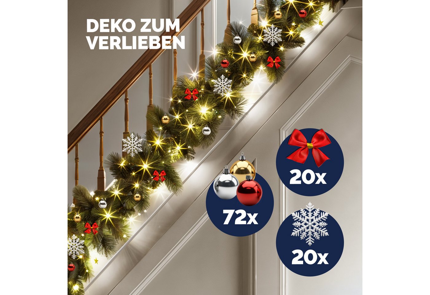 Kunstgirlande, Casaria, Höhe 28 cm, Weihnachtsgirlande geschmückt 10m 160 LED Warmweiß Innen Außen IP44 – Bild 4 von 5