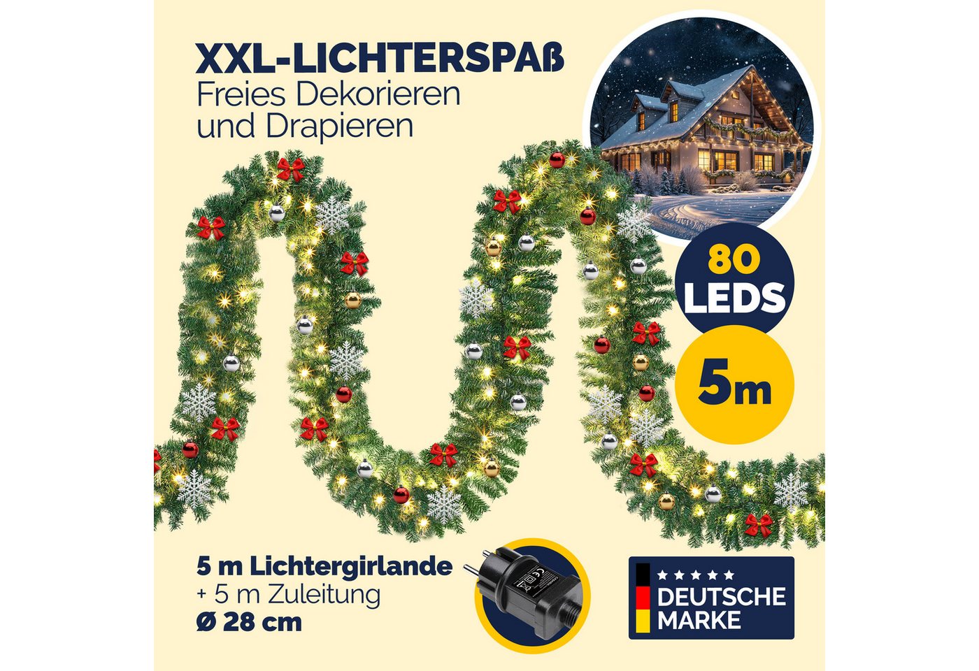 Kunstgirlande, Casaria, Höhe 28 cm, Weihnachtsgirlande geschmückt mit Fernbedienung 5m 80 LED Warmweiß – Bild 2 von 5