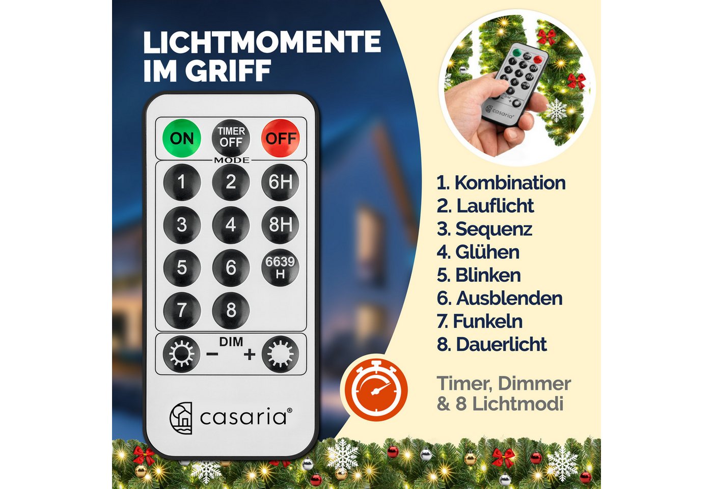 Kunstgirlande, Casaria, Höhe 28 cm, Weihnachtsgirlande geschmückt mit Fernbedienung 5m 80 LED Warmweiß – Bild 3 von 5