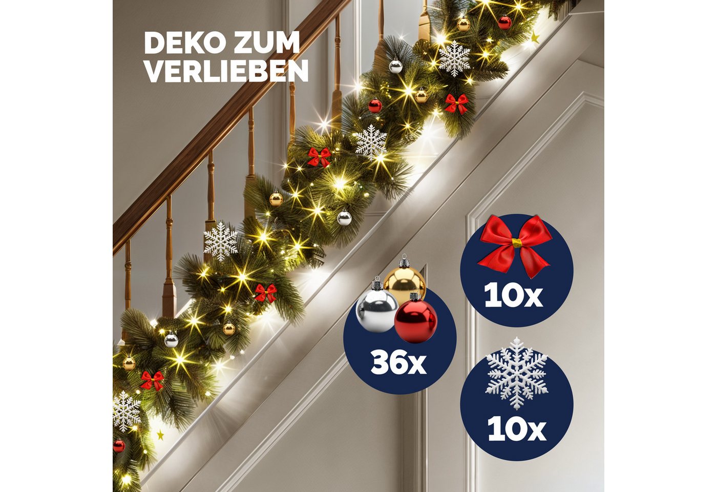 Kunstgirlande, Casaria, Höhe 28 cm, Weihnachtsgirlande geschmückt mit Fernbedienung 5m 80 LED Warmweiß – Bild 5 von 5