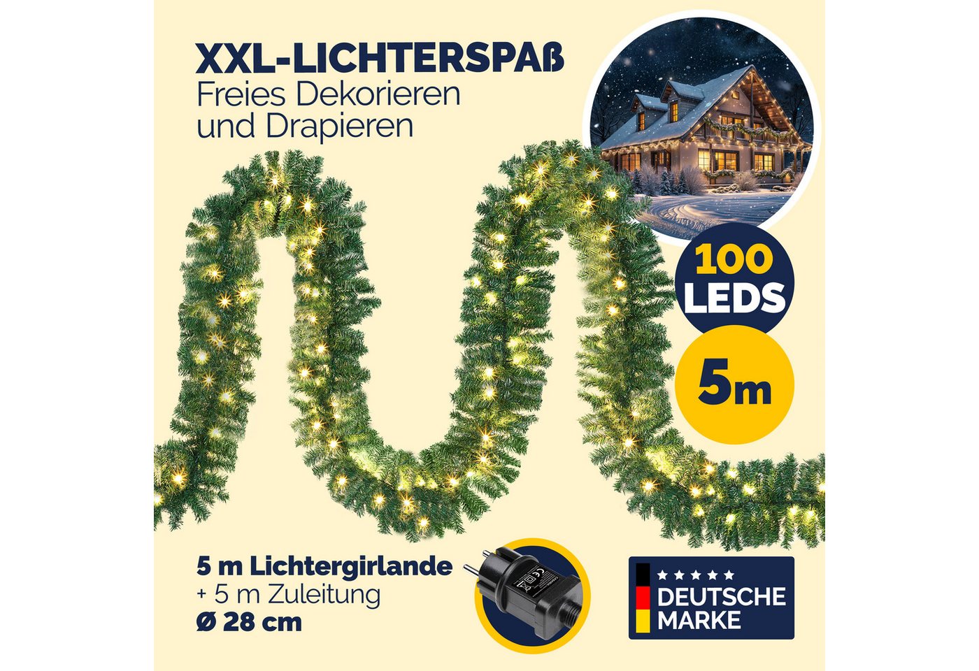 Kunstgirlande, Casaria, Höhe 28 cm, Weihnachtsgirlande mit Fernbedienung 5m 100 LED Warmweiß Timer – Bild 2 von 5