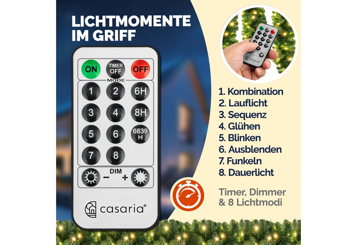 Kunstgirlande, Casaria, Höhe 28 cm, Weihnachtsgirlande mit Fernbedienung 5m 100 LED Warmweiß Timer – Bild 3 von 5