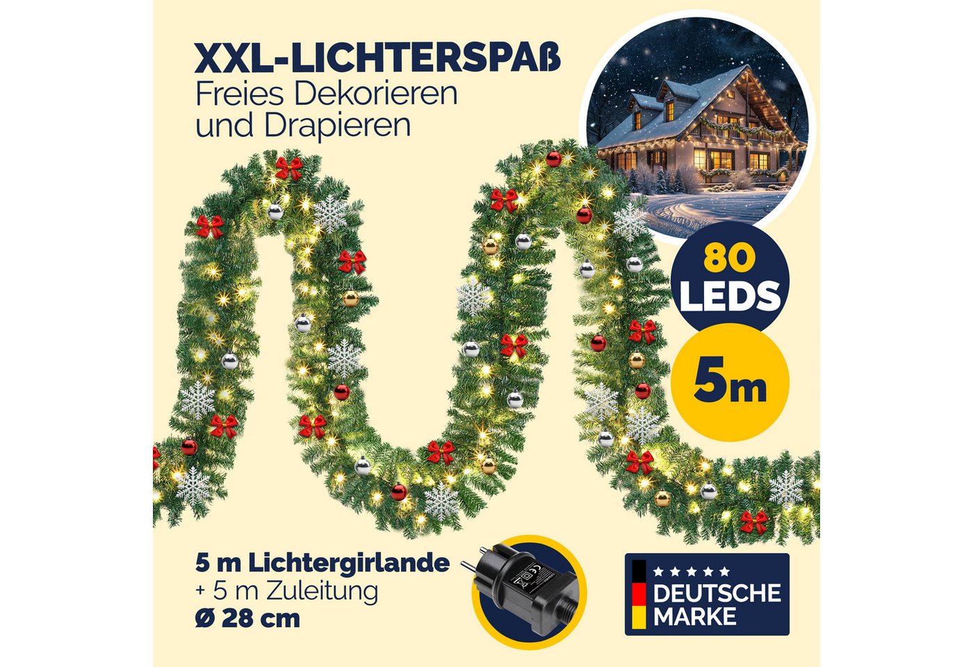 Kunstgirlande, Casaria, Höhe 28 cm, Weihnachtsgirlande Deko Weihnachten 2m 5m 80 LED Warmweiß Innen Außen – Bild 3 von 5