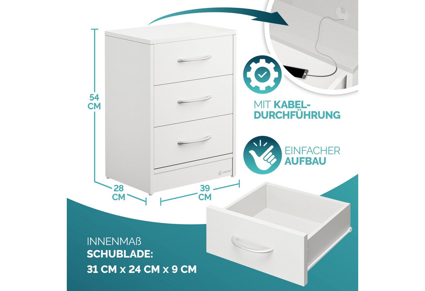 Casaria Nachttisch Eloise (1-St), mit 3 Schubladen Kabelführung Wandbefestigung Boxspringbett – Bild 2 von 5