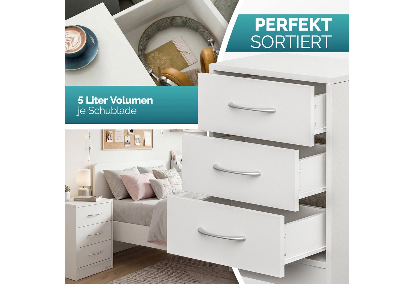 Casaria Nachttisch Eloise (1-St), mit 3 Schubladen Kabelführung Wandbefestigung Boxspringbett – Bild 3 von 5