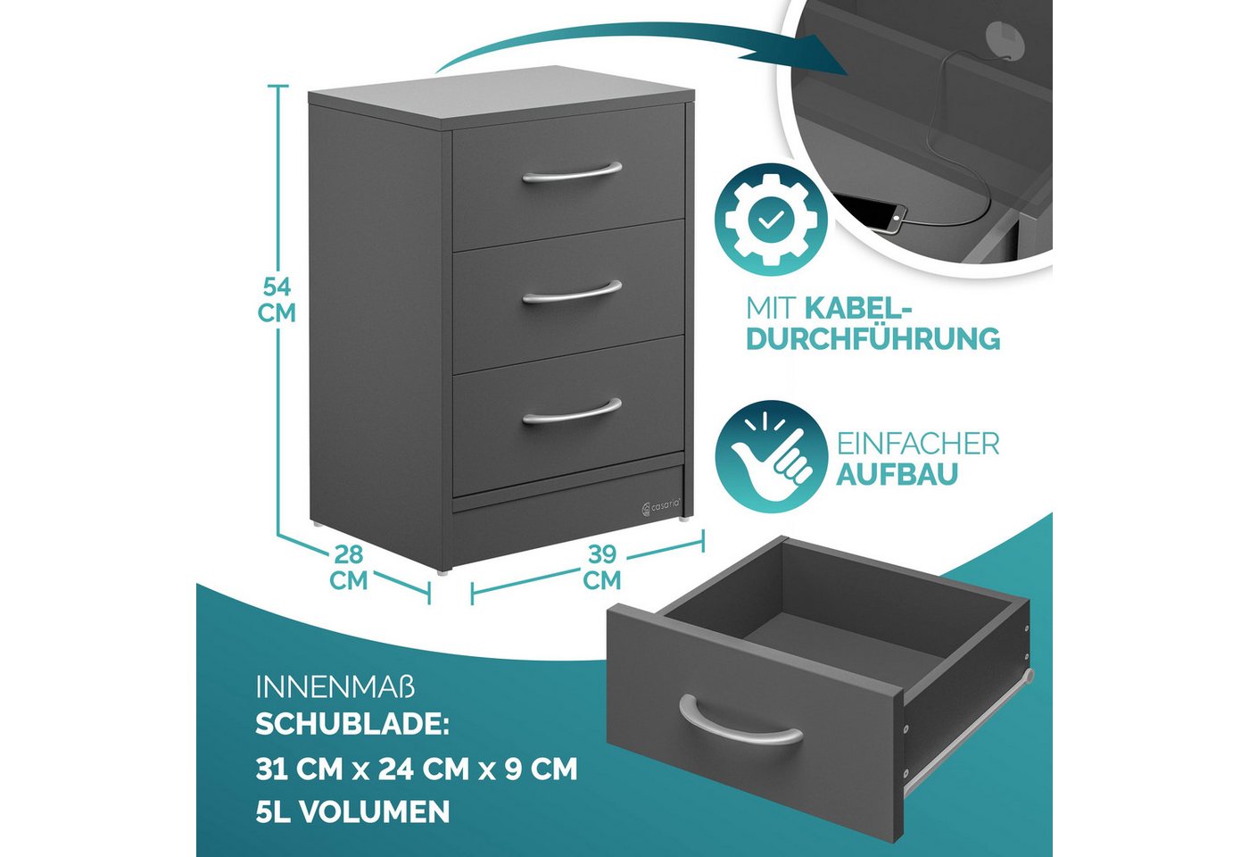 Casaria Nachttisch Eloise (1-St), mit LED 3 Schubladen Kabelführung Wandbefestigung Boxspringbett – Bild 2 von 5