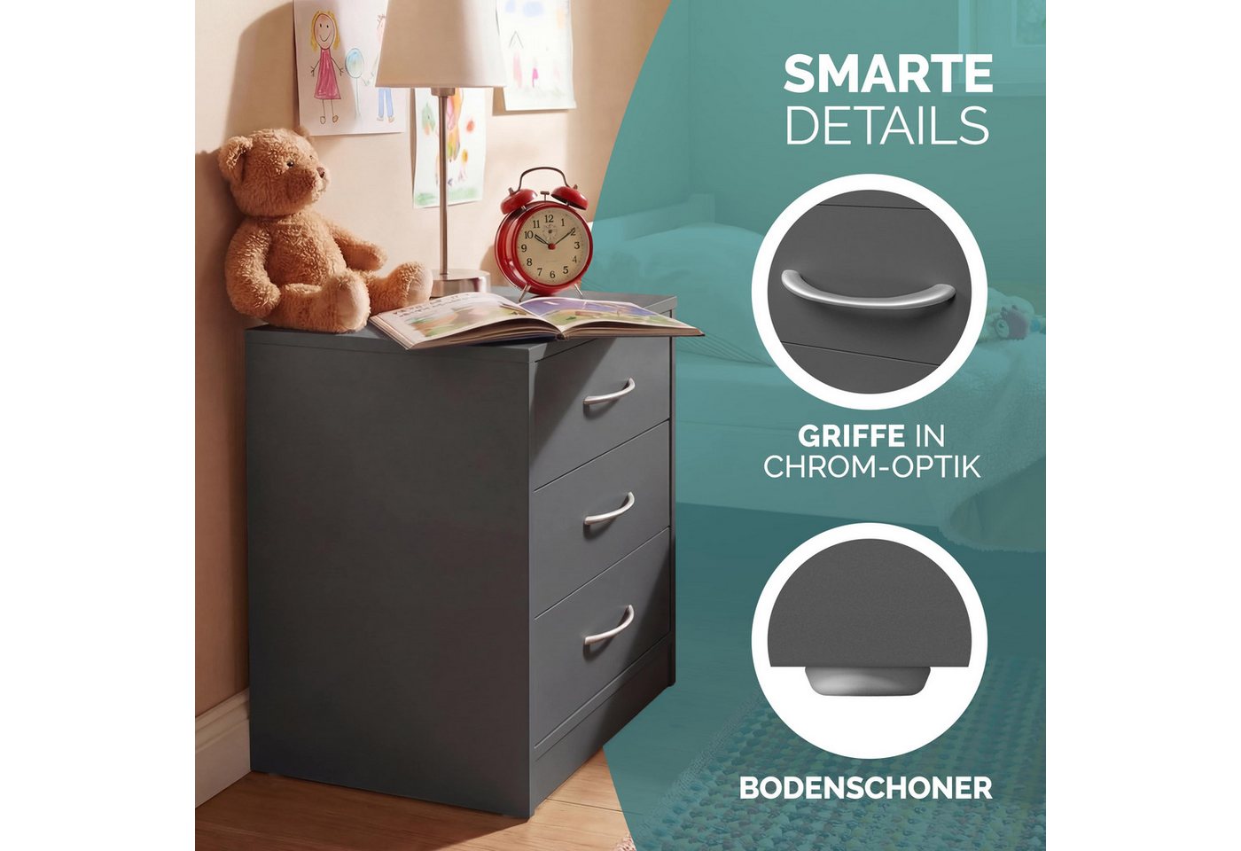 Casaria Nachttisch Eloise (1-St), mit LED 3 Schubladen Kabelführung Wandbefestigung Boxspringbett – Bild 5 von 5