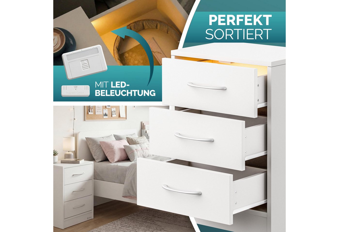 Casaria Nachttisch Eloise (2-St), CASARIA® 2x Nachttisch Eloise weiß LED – Bild 3 von 5