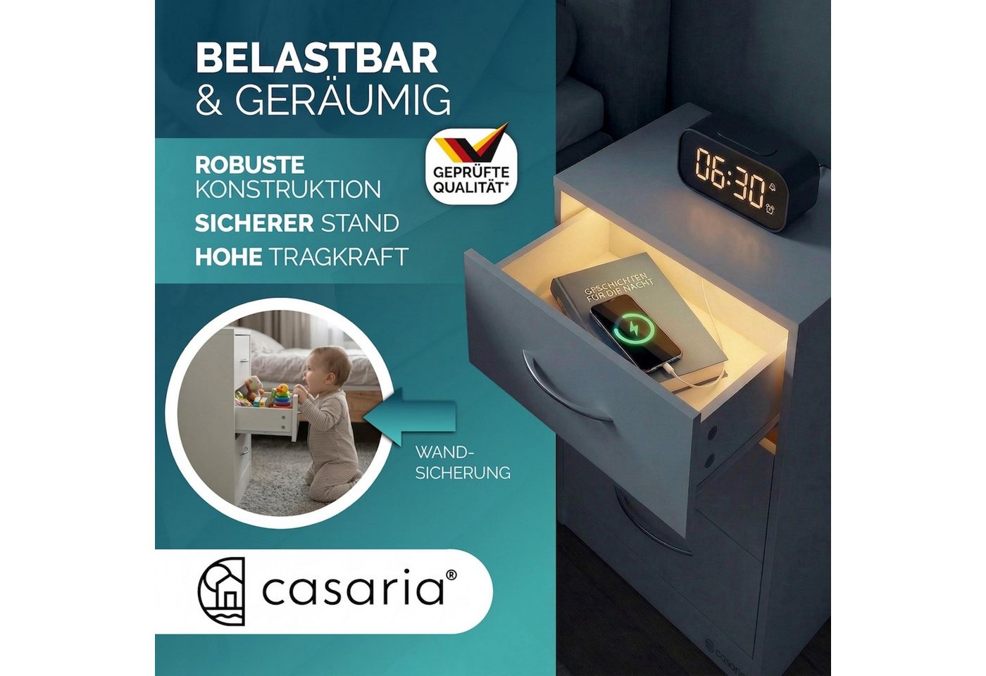 Casaria Nachttisch Eloise (2-St), CASARIA® 2x Nachttisch Eloise weiß LED – Bild 4 von 5