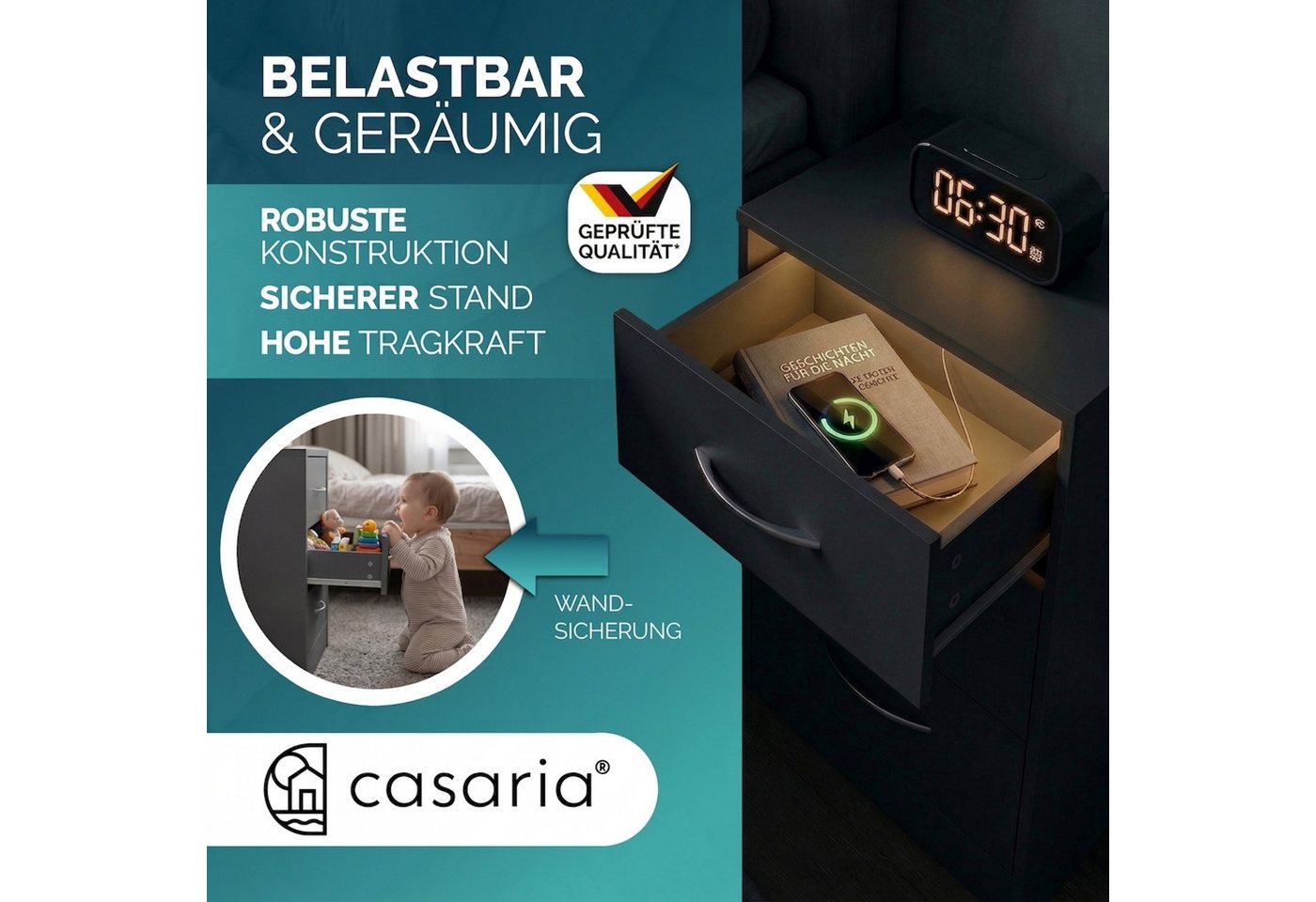 Casaria Nachttisch Eloise (2-St), CASARIA® 2x Nachttisch Eloise anthrazit LED – Bild 4 von 5