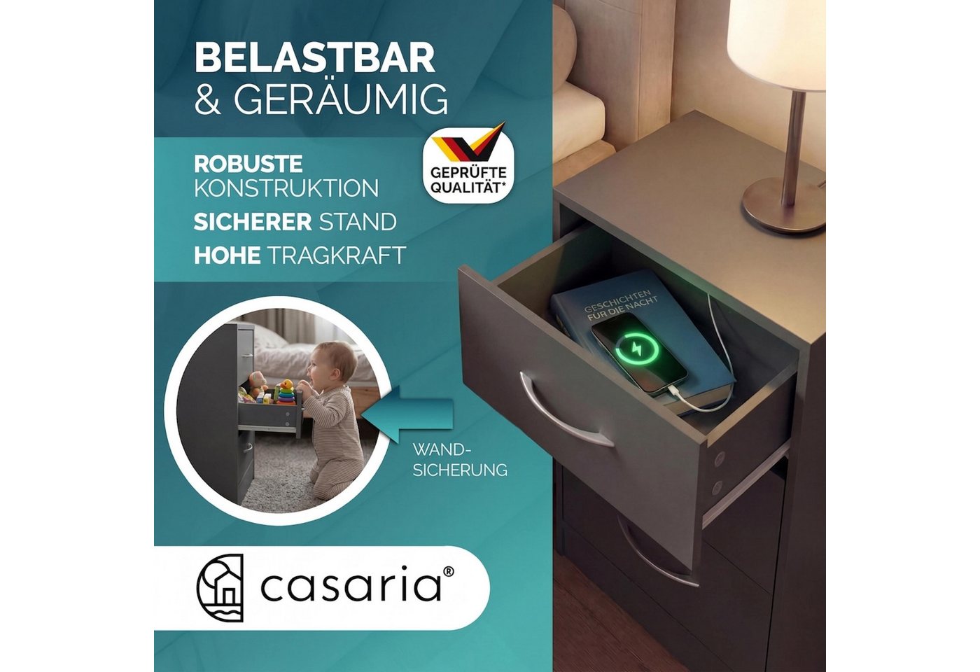 Casaria Nachttisch Eloise (2-St), CASARIA® 2x Nachttisch Eloise anthrazit – Bild 4 von 5