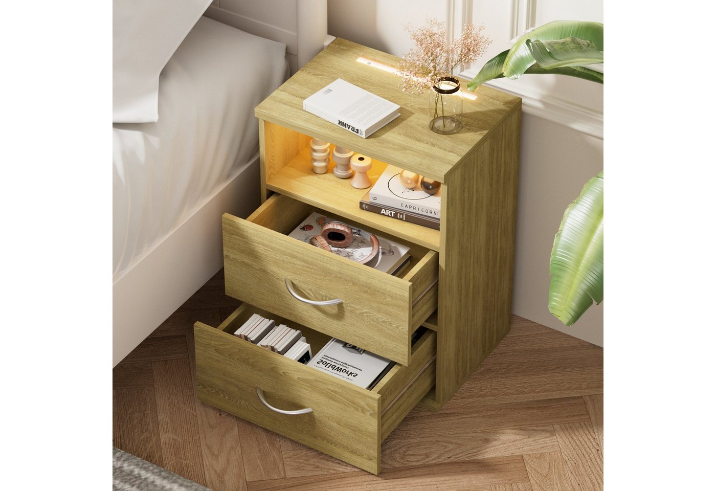 Casaria Nachttisch Jamie (1-St), mit Touch LED Beleuchtung 40x28x55cm Dimmbar Holz 2 Schubladen Bett – Bild 2 von 5