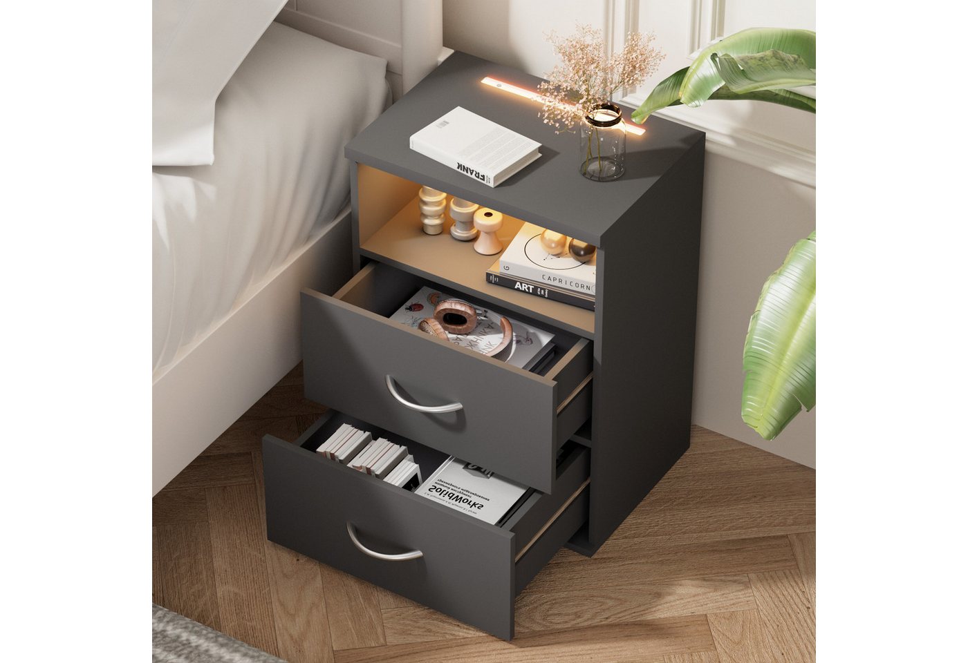 Casaria Nachttisch Jamie (2-St), mit Touch LED Beleuchtung 40x28x55cm Dimmbar Holz 2 Schubladen Bett – Bild 2 von 5
