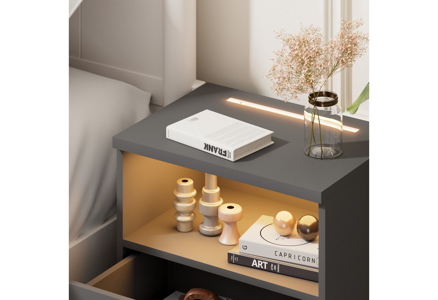 Casaria Nachttisch Jamie (2-St), mit Touch LED Beleuchtung 40x28x55cm Dimmbar Holz 2 Schubladen Bett – Bild 3 von 5