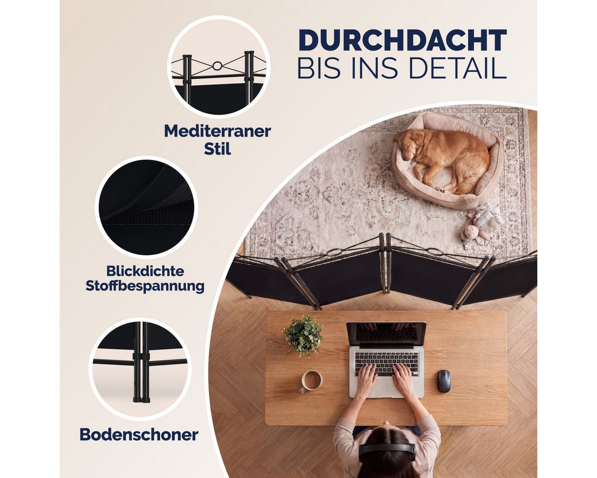 Casaria Paravent Lucca, 180x163cm Verstellbar Faltbar Stabil 4 teilig Indoor Trennwand – Bild 4 von 5