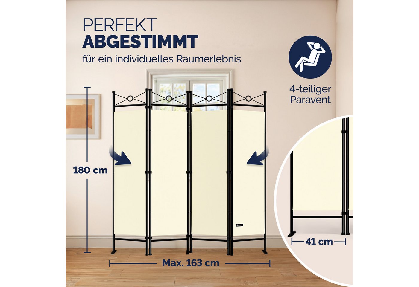 Casaria Paravent Lucca, 180x163cm Verstellbar Faltbar Stabil 4 teilig Indoor Trennwand – Bild 2 von 5