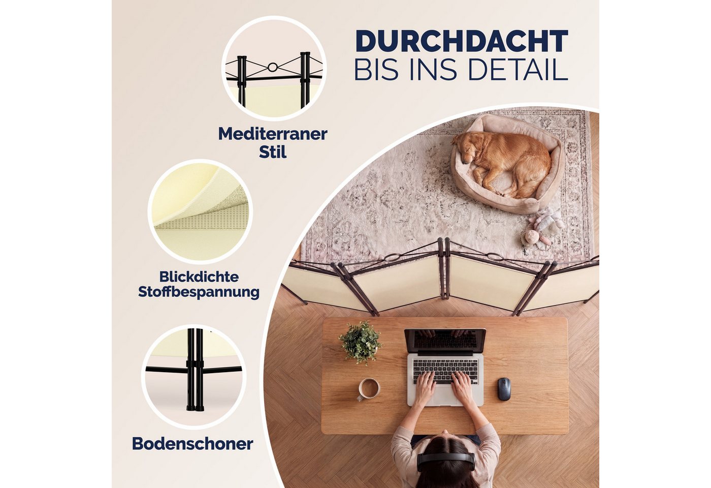 Casaria Paravent Lucca, 180x163cm Verstellbar Faltbar Stabil 4 teilig Indoor Trennwand – Bild 4 von 5