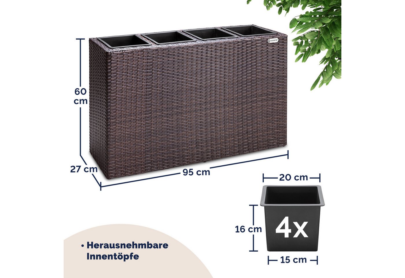 Casaria Pflanzkübel, 4 Innentöpfe Herausnehmbar Polyrattan 95x27x60cm Blumentopf Braun – Bild 3 von 5
