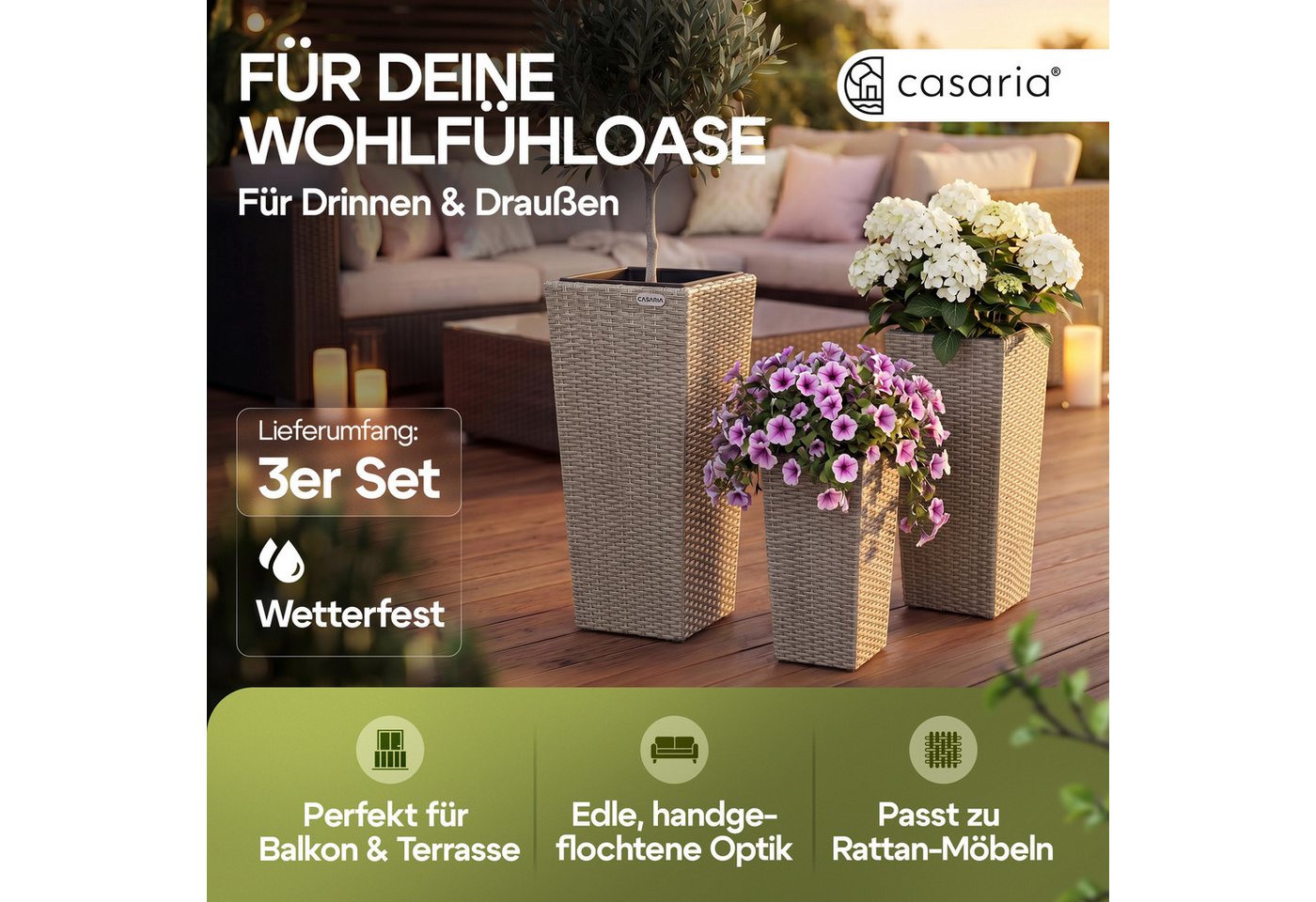 Casaria Pflanzkübel, Casaria Blumentopf 3er Set Polyrattangeflecht Übertopf Wasserabfluss – Bild 2 von 5