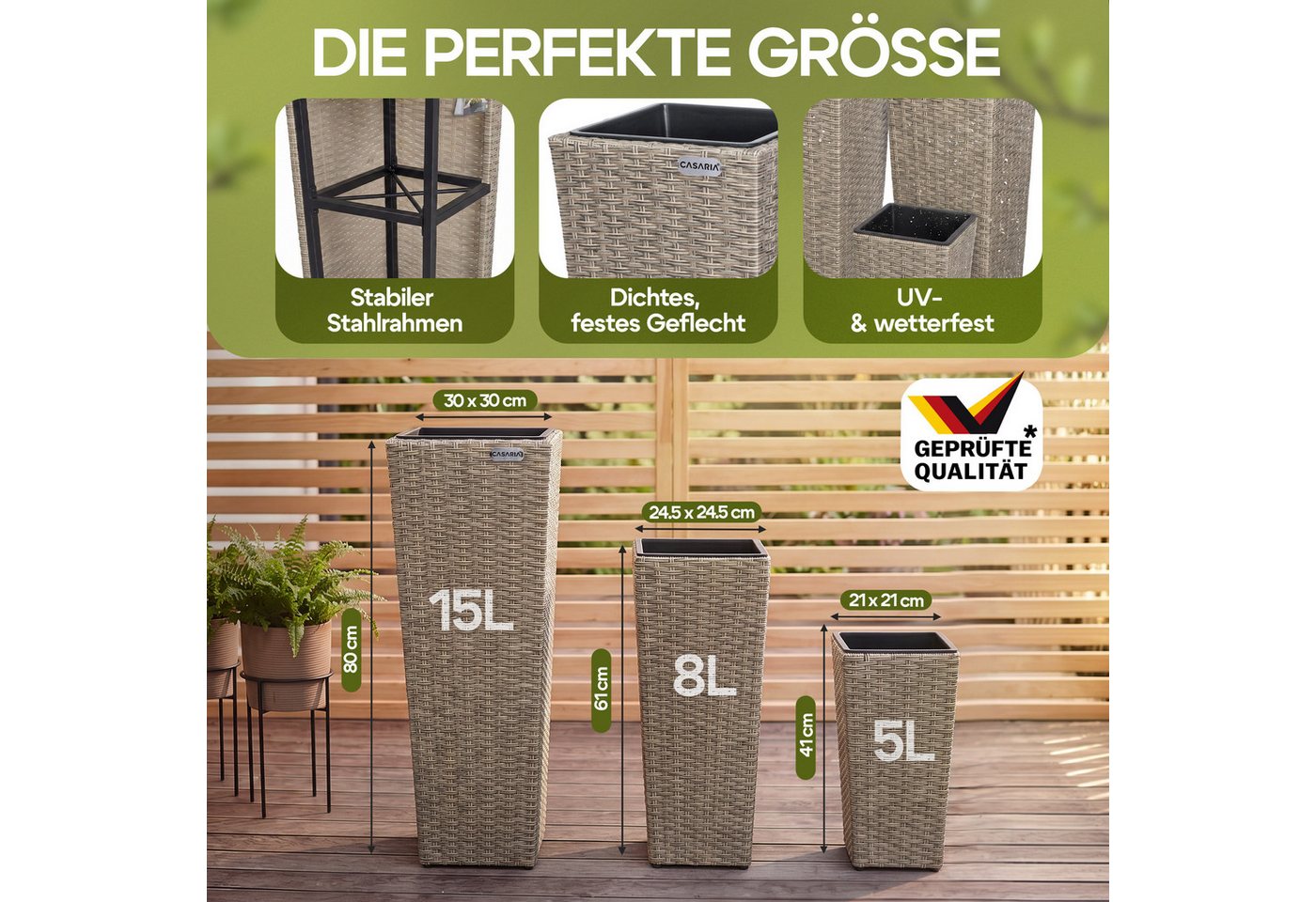 Casaria Pflanzkübel, Casaria Blumentopf 3er Set Polyrattangeflecht Übertopf Wasserabfluss – Bild 3 von 5