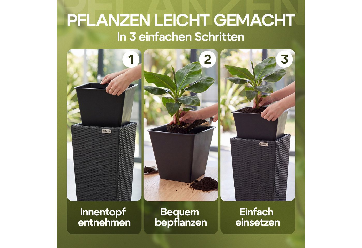 Casaria Pflanzkübel, Casaria Blumentopf 3er Set Polyrattangeflecht Übertopf Wasserabfluss – Bild 4 von 5