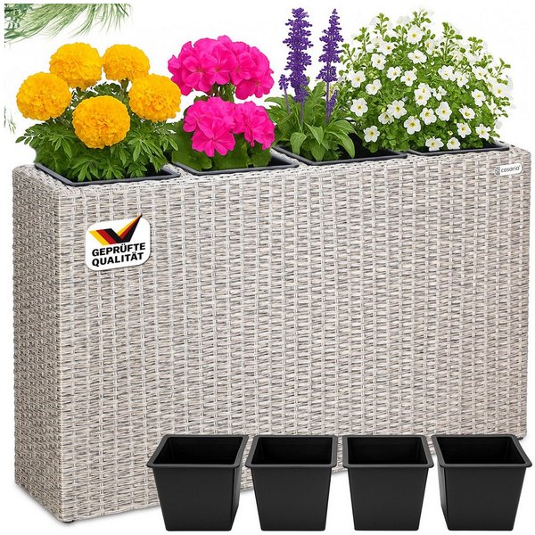 Casaria Pflanzkübel, 4 Innentöpfe Herausnehmbar Polyrattan 95x27x60cm Blumentopf Creme
