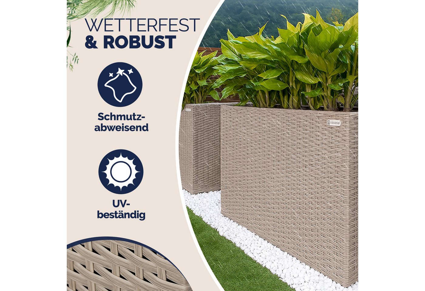Casaria Pflanzkübel, 4 Innentöpfe Herausnehmbar Polyrattan 95x27x60cm Blumentopf Creme – Bild 2 von 5