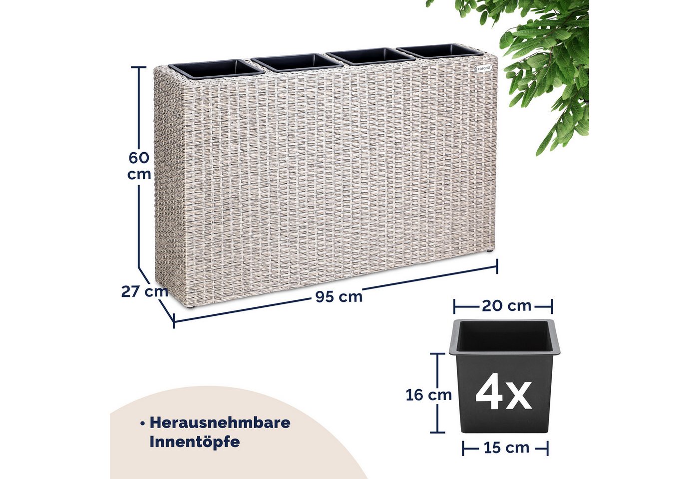Casaria Pflanzkübel, 4 Innentöpfe Herausnehmbar Polyrattan 95x27x60cm Blumentopf Creme – Bild 3 von 5