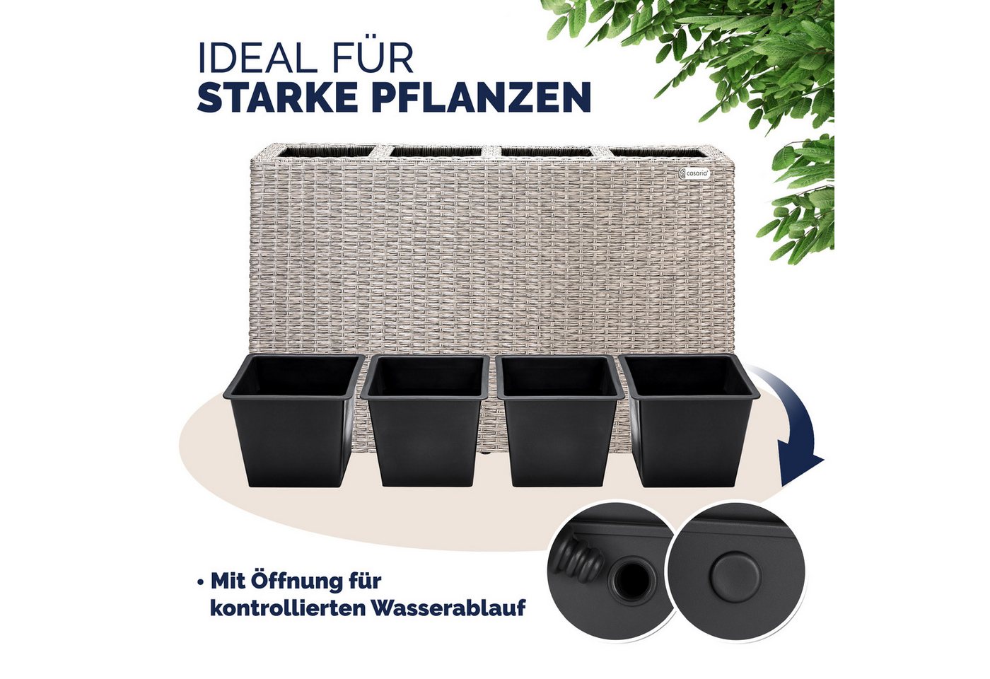 Casaria Pflanzkübel, 4 Innentöpfe Herausnehmbar Polyrattan 95x27x60cm Blumentopf Creme – Bild 5 von 5
