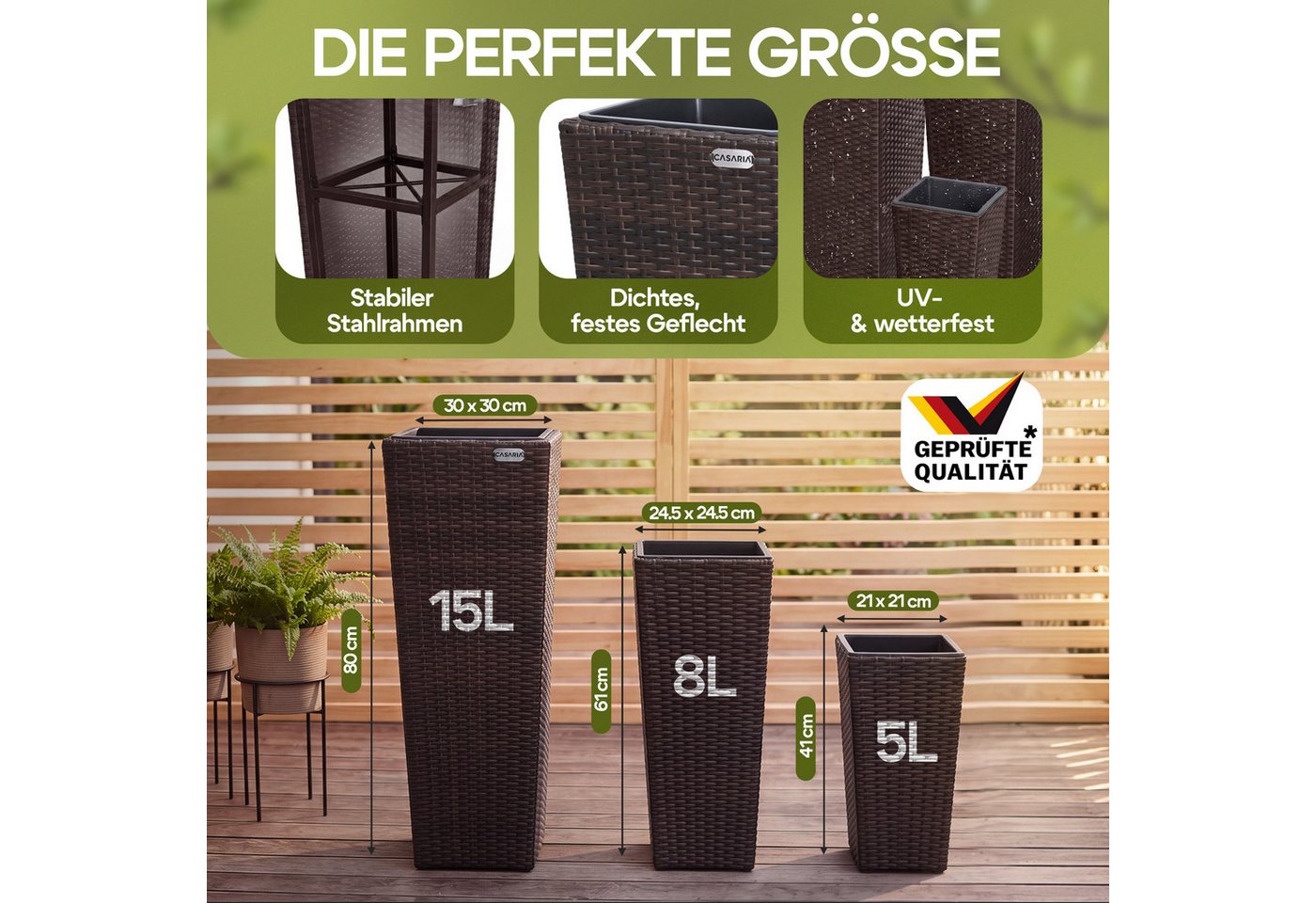 Casaria Pflanzkübel, Casaria Blumentopf 3er Set Polyrattangeflecht Übertopf Wasserabfluss – Bild 3 von 5