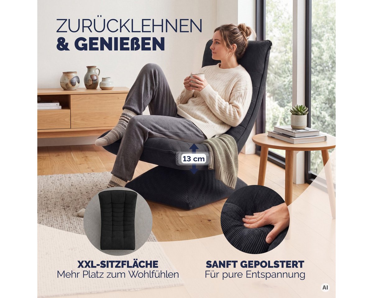 Casaria Relaxsessel Aberdeen Cord, verstellbare Lehne Drehbar Klappbar 150kg Belastbarkeit 60x105x87cm – Bild 2 von 5