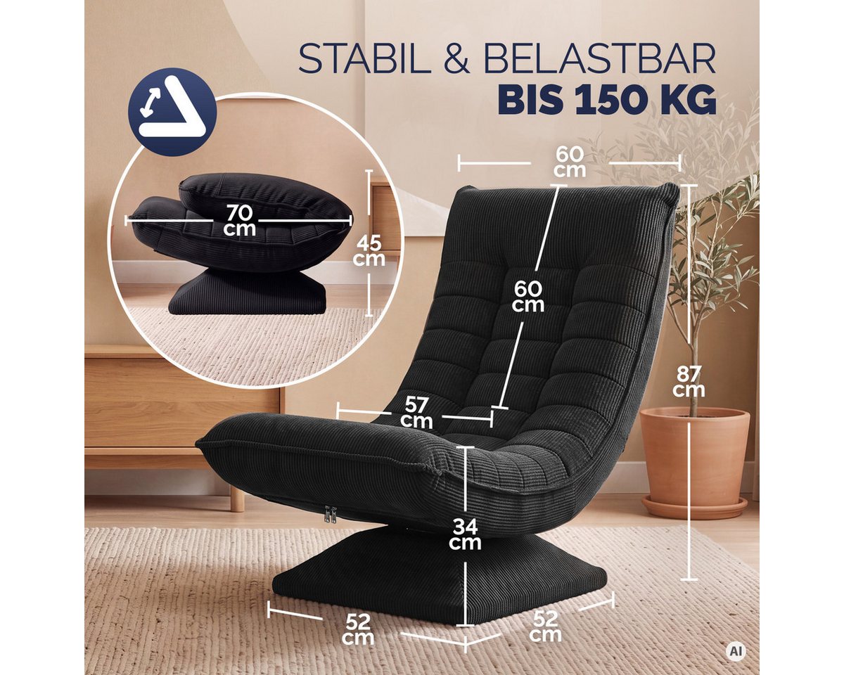 Casaria Relaxsessel Aberdeen Cord, verstellbare Lehne Drehbar Klappbar 150kg Belastbarkeit 60x105x87cm – Bild 3 von 5