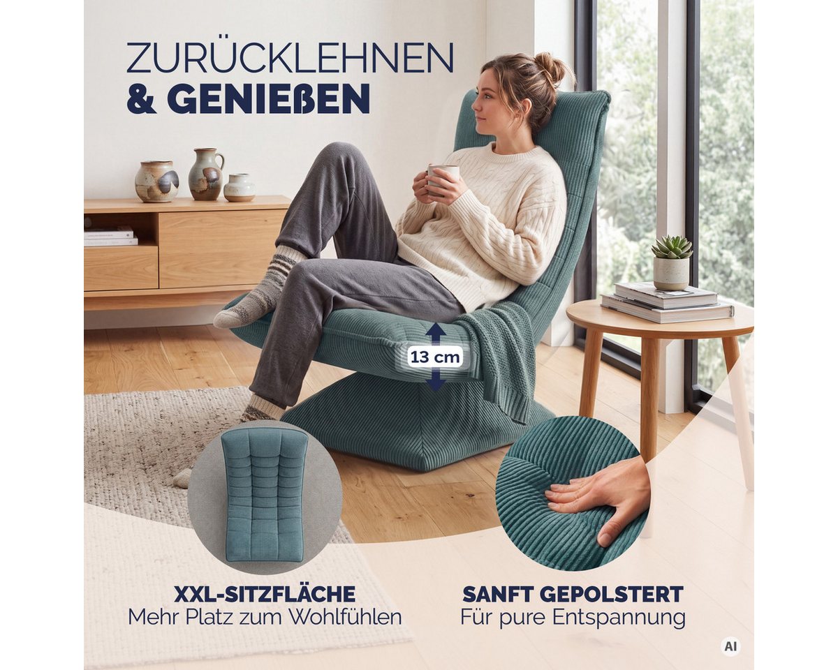 Casaria Relaxsessel Aberdeen Cord, verstellbare Lehne Drehbar Klappbar 150kg Belastbarkeit 60x105x87cm – Bild 2 von 5